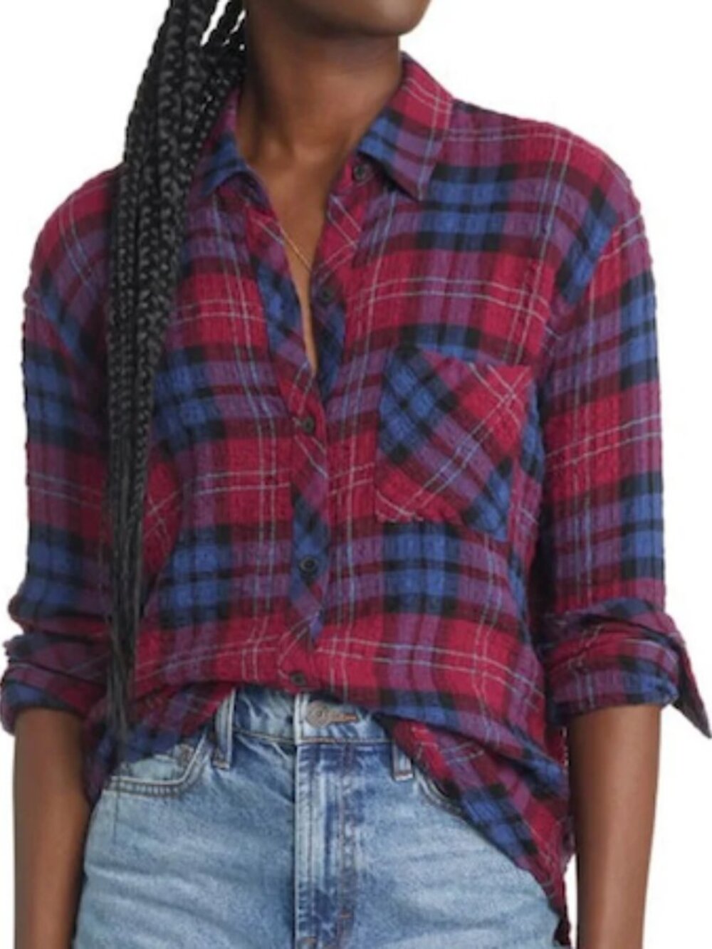 Rails Brady Mulberry Teal Blue Button Up Plaid Blouse - size large